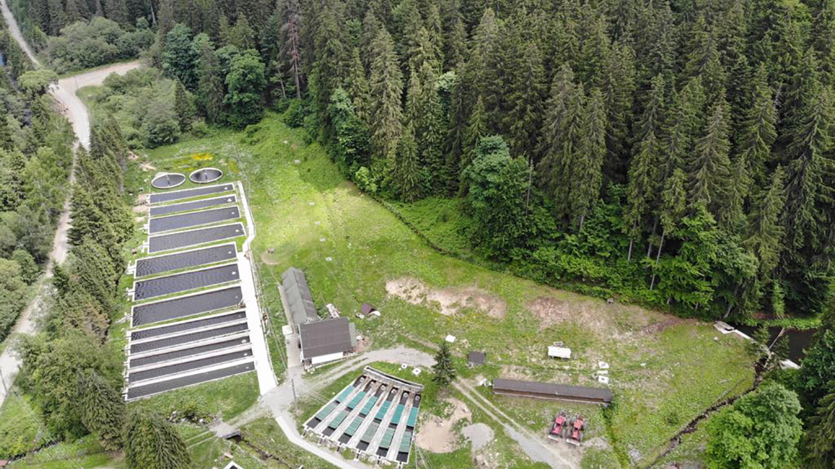 Vedere aeriană de ansamblu asupra bazinelor unei ferme piscicole montane