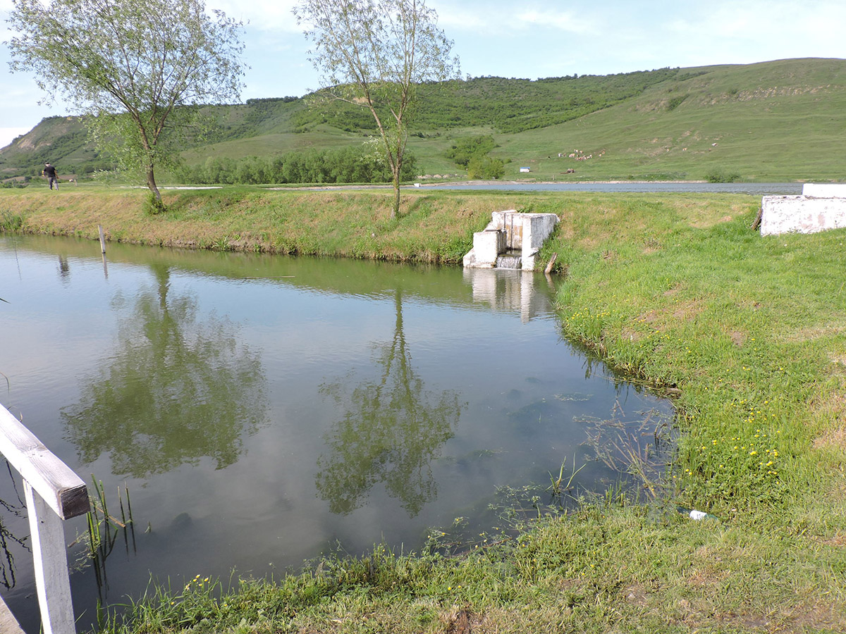 Iaz piscicol într-un peisaj rural cu dealuri
